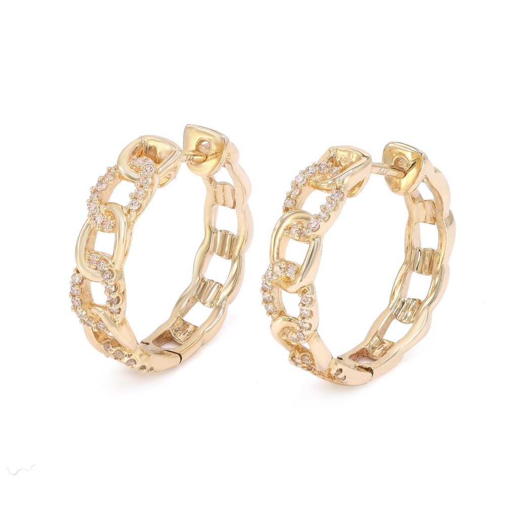 Rachel Koen Chain Link Diamond Huggie Earrings 14K Yellow Gold 0.187cttw - Picture 3 of 4